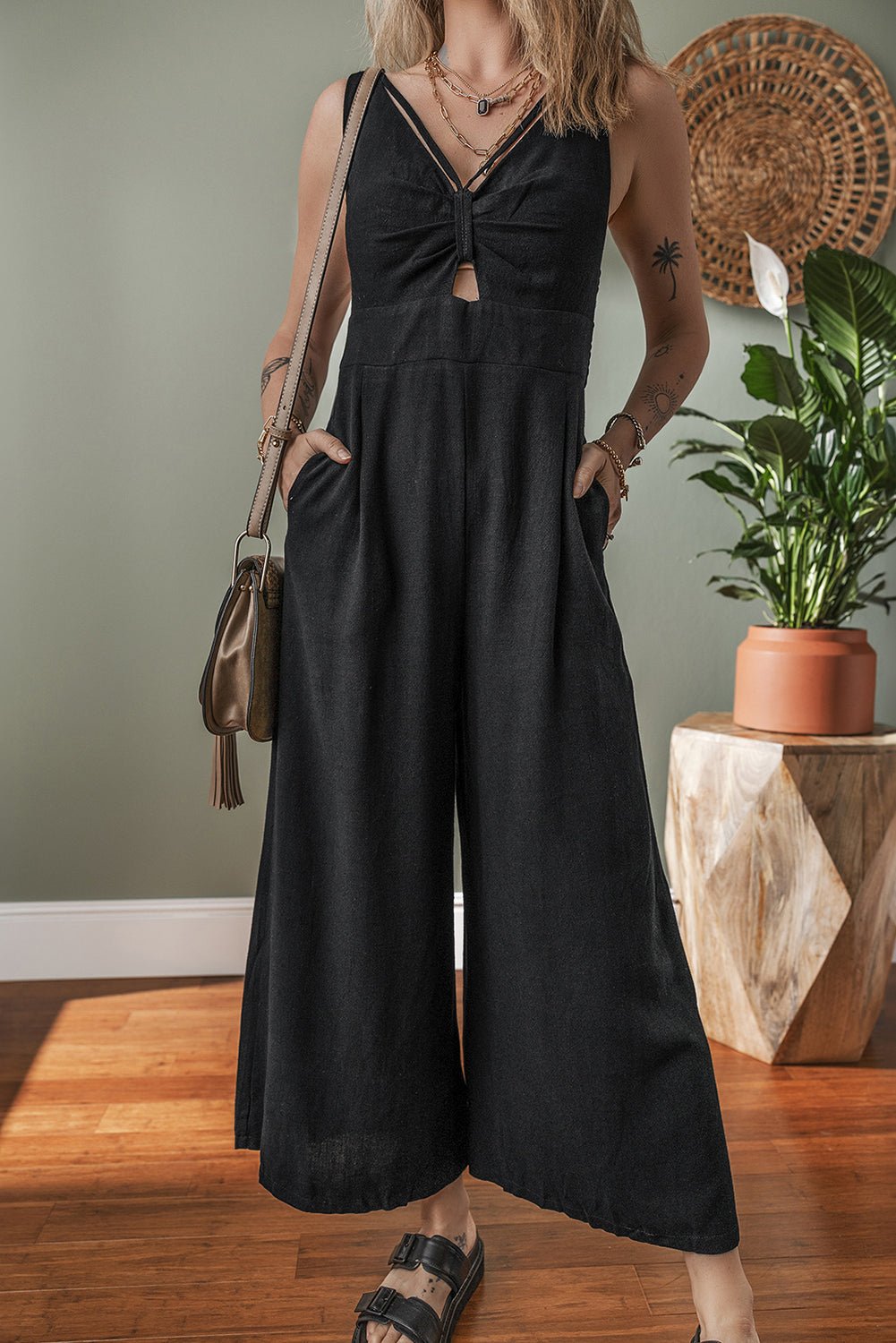 Black Cut Out Smocked Back Sleeveless Wide Leg Jumpsuit - MAD RUFFI