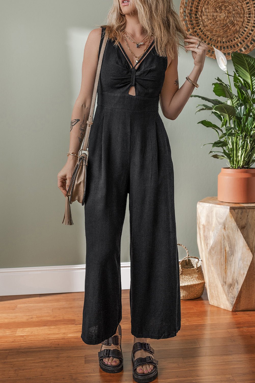Black Cut Out Smocked Back Sleeveless Wide Leg Jumpsuit - MAD RUFFI