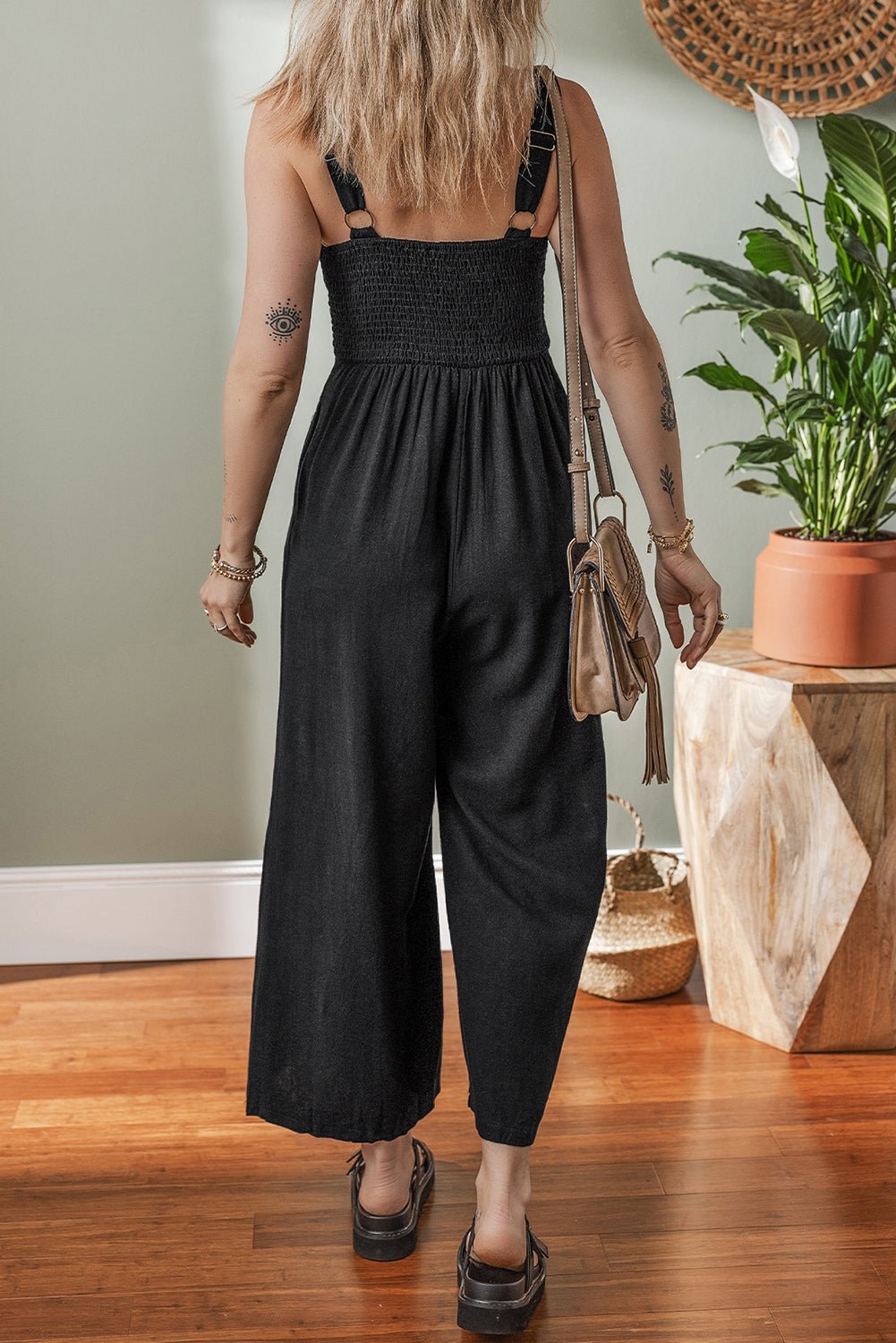 Black Cut Out Smocked Back Sleeveless Wide Leg Jumpsuit - MAD RUFFI