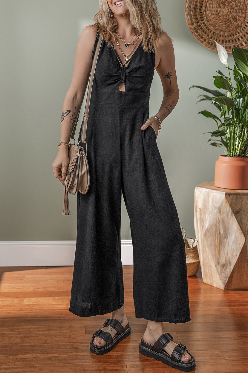 Black Cut Out Smocked Back Sleeveless Wide Leg Jumpsuit - MAD RUFFI