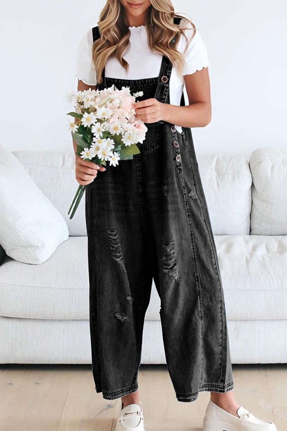 Black Distressed Bib Pocket Wide Leg Denim Overall - MAD RUFFI