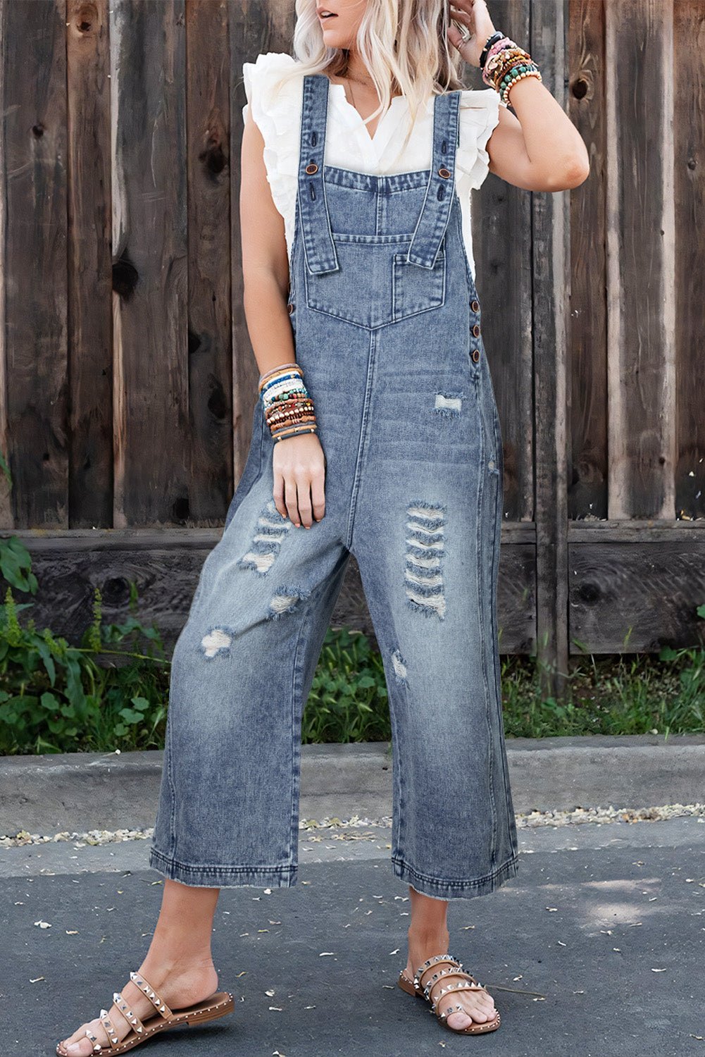 Black Distressed Bib Pocket Wide Leg Denim Overall - MAD RUFFI