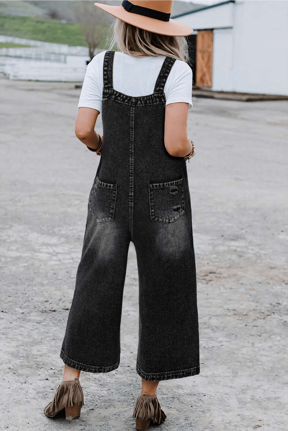 Black Distressed Bib Pocket Wide Leg Denim Overall - MAD RUFFI
