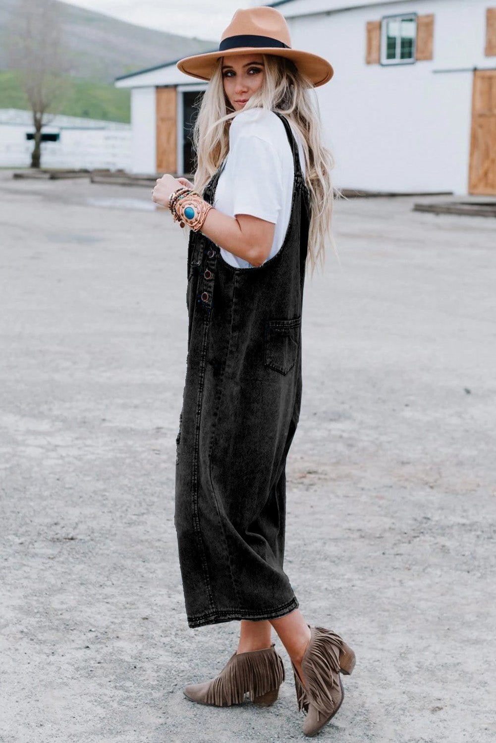 Black Distressed Bib Pocket Wide Leg Denim Overall - MAD RUFFI