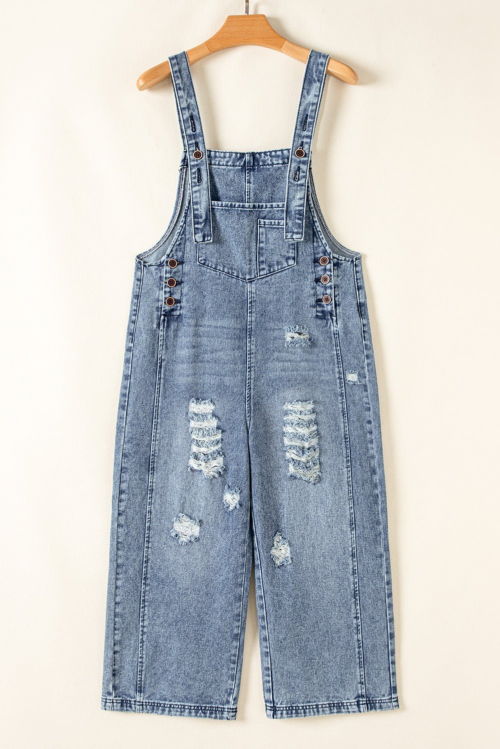 Black Distressed Bib Pocket Wide Leg Denim Overall - MAD RUFFI