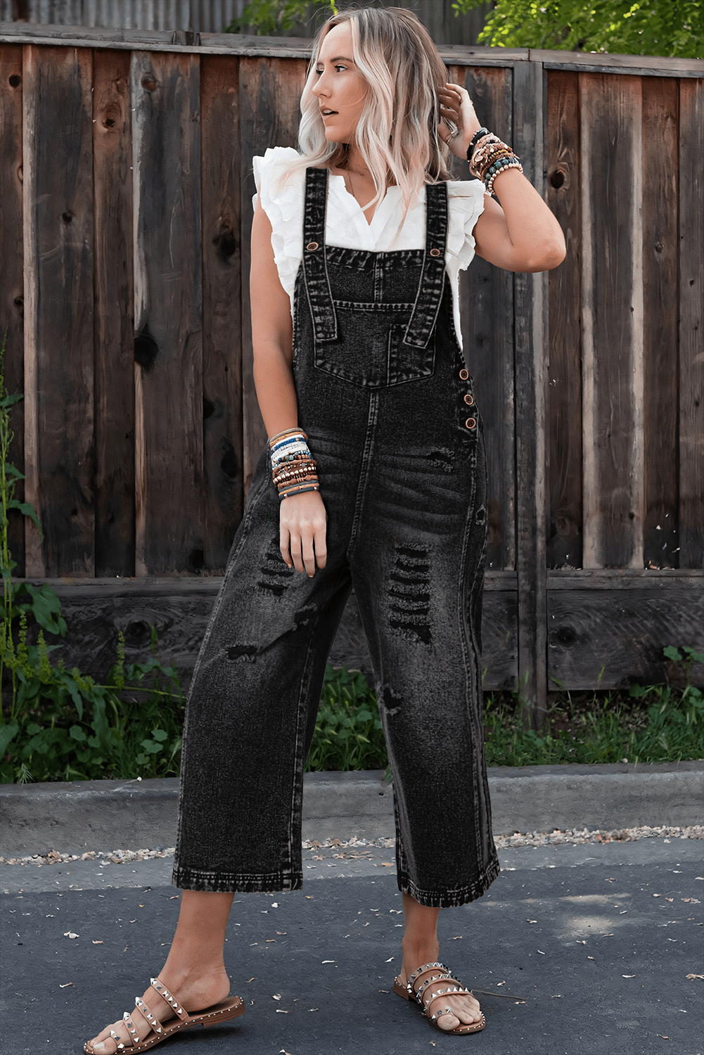 Black Distressed Bib Pocket Wide Leg Denim Overall - MAD RUFFI