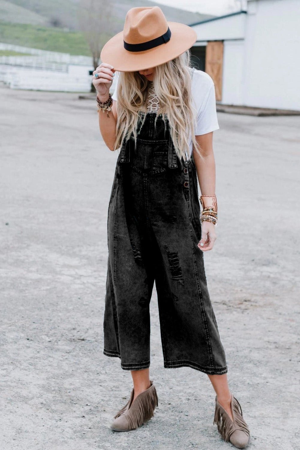 Black Distressed Bib Pocket Wide Leg Denim Overall - MAD RUFFI