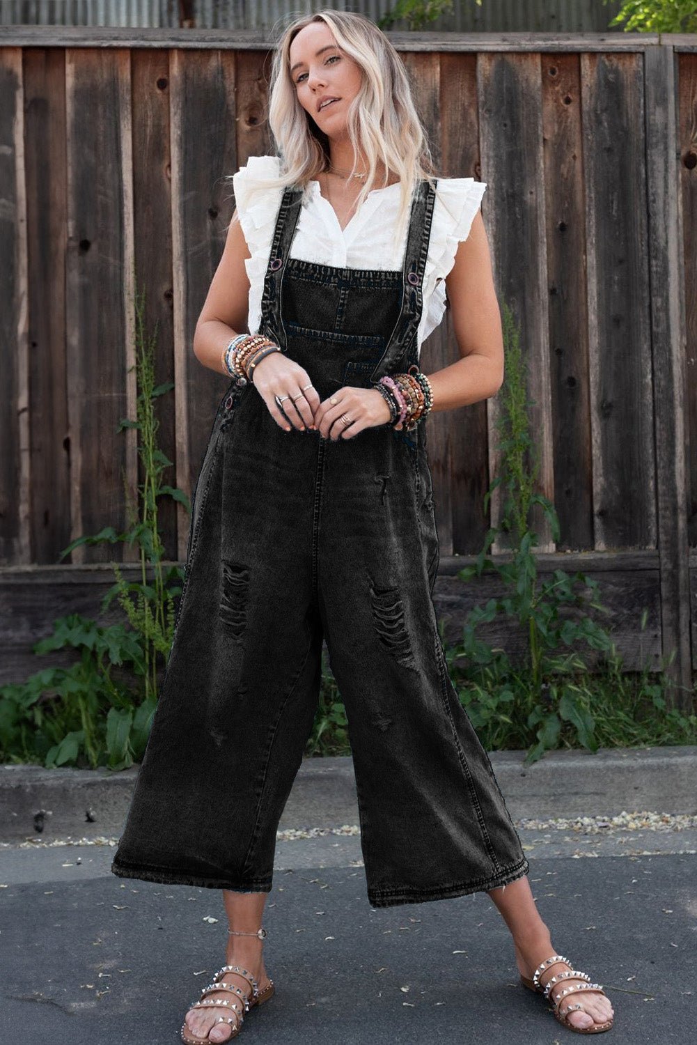 Black Distressed Bib Pocket Wide Leg Denim Overall - MAD RUFFI