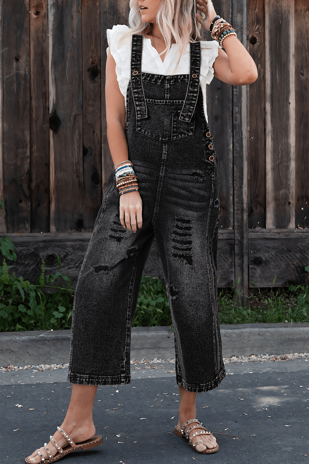 Black Distressed Bib Pocket Wide Leg Denim Overall - MAD RUFFI