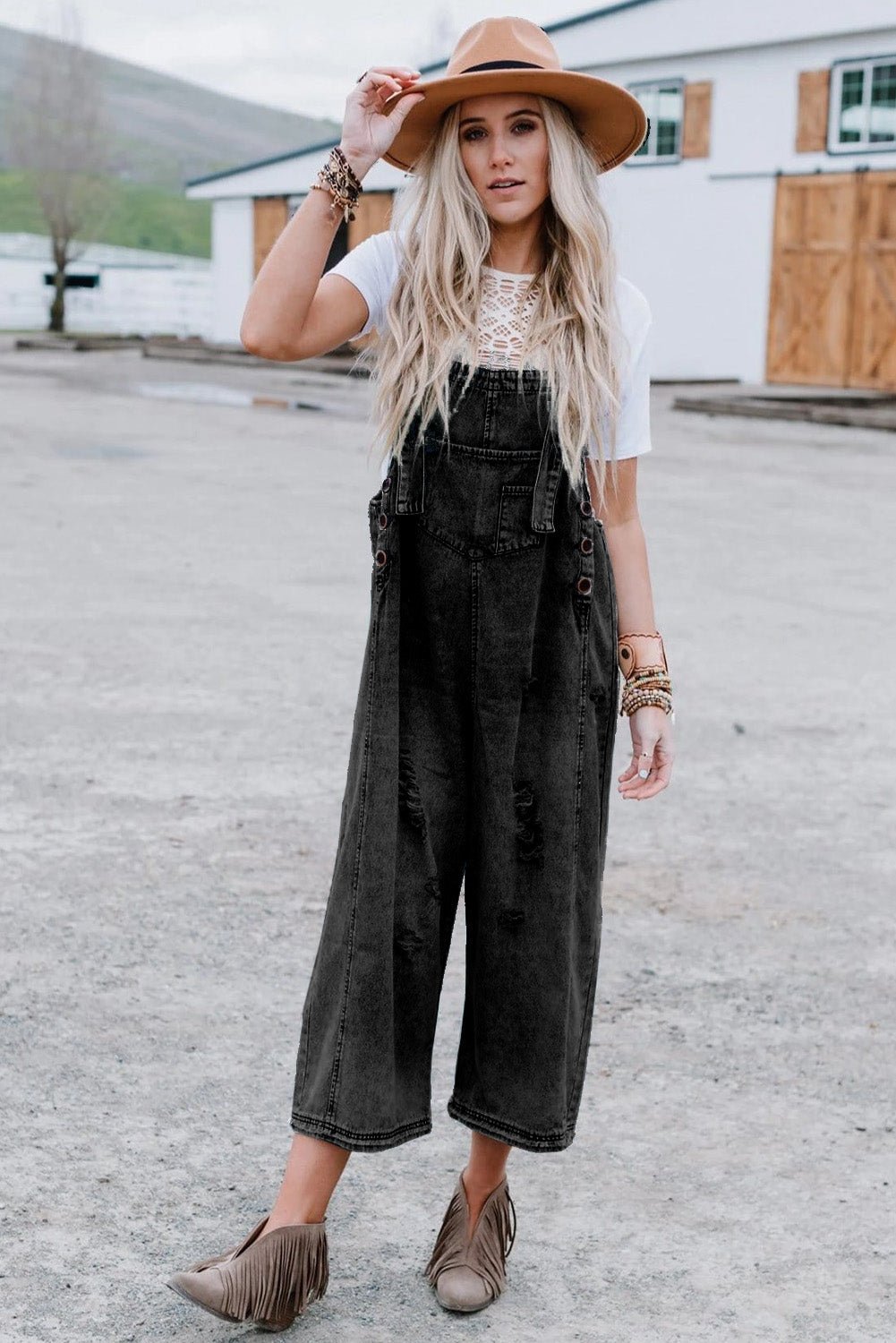 Black Distressed Bib Pocket Wide Leg Denim Overall - MAD RUFFI