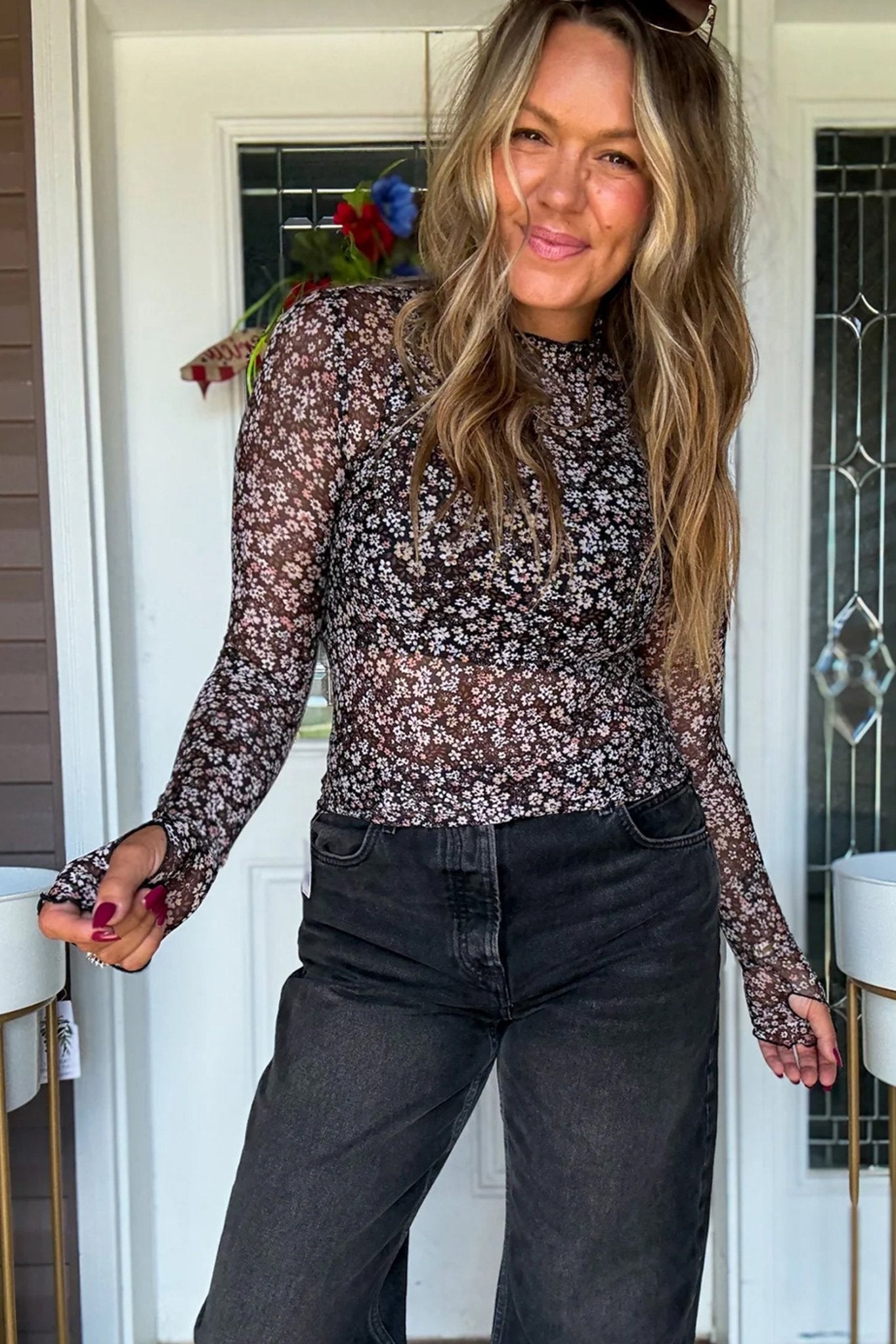 Black Ditsy Floral Mesh Thumbhole Sleeve Slim Fit Top - MAD RUFFI