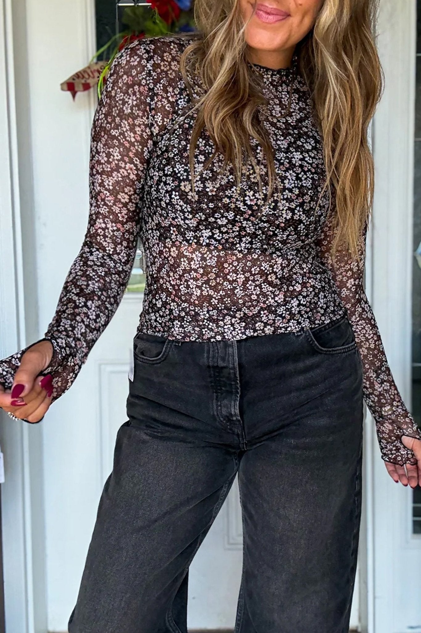 Black Ditsy Floral Mesh Thumbhole Sleeve Slim Fit Top - MAD RUFFI