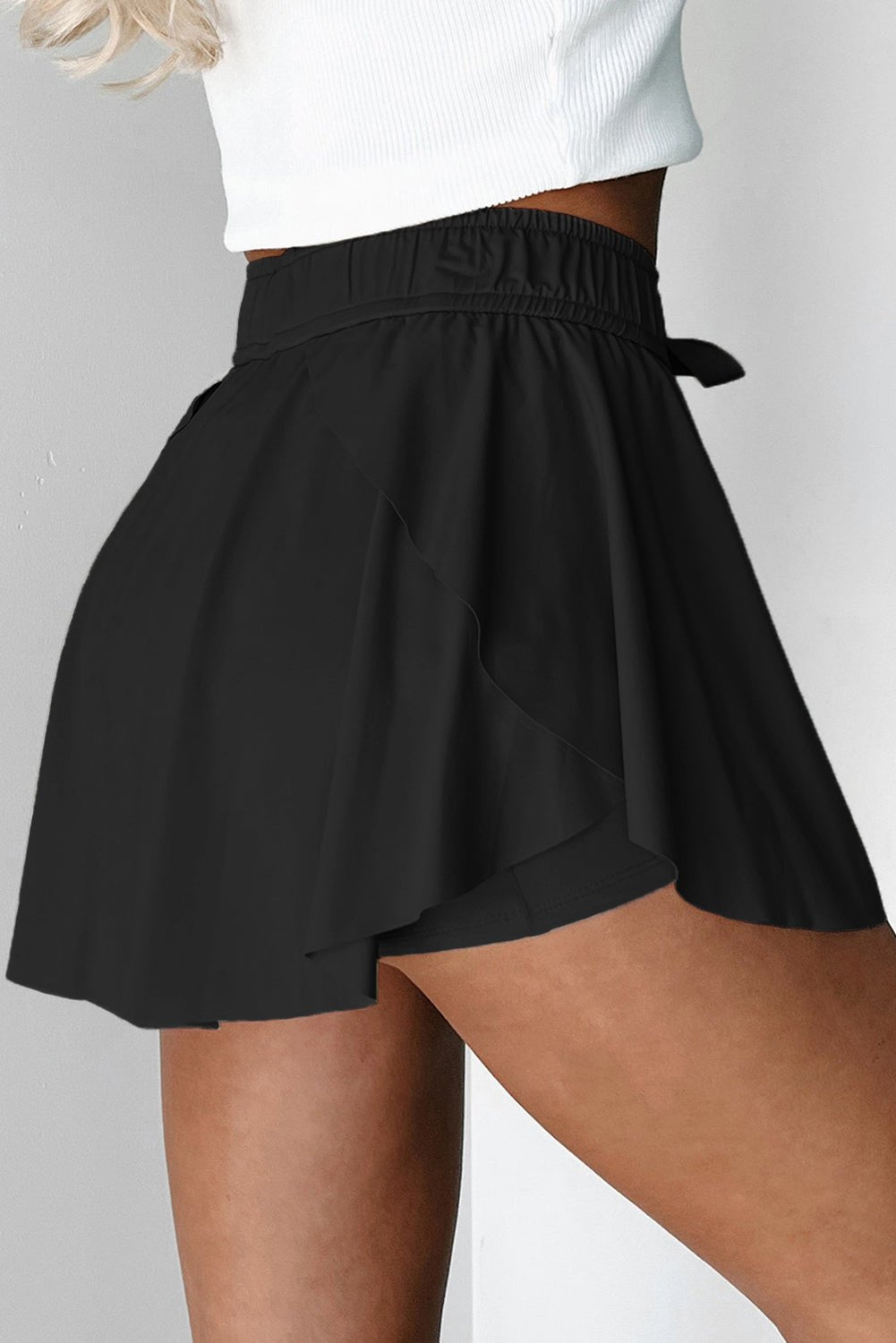 Black Drawstring High Waist Lined Tennis Skort - MAD RUFFI