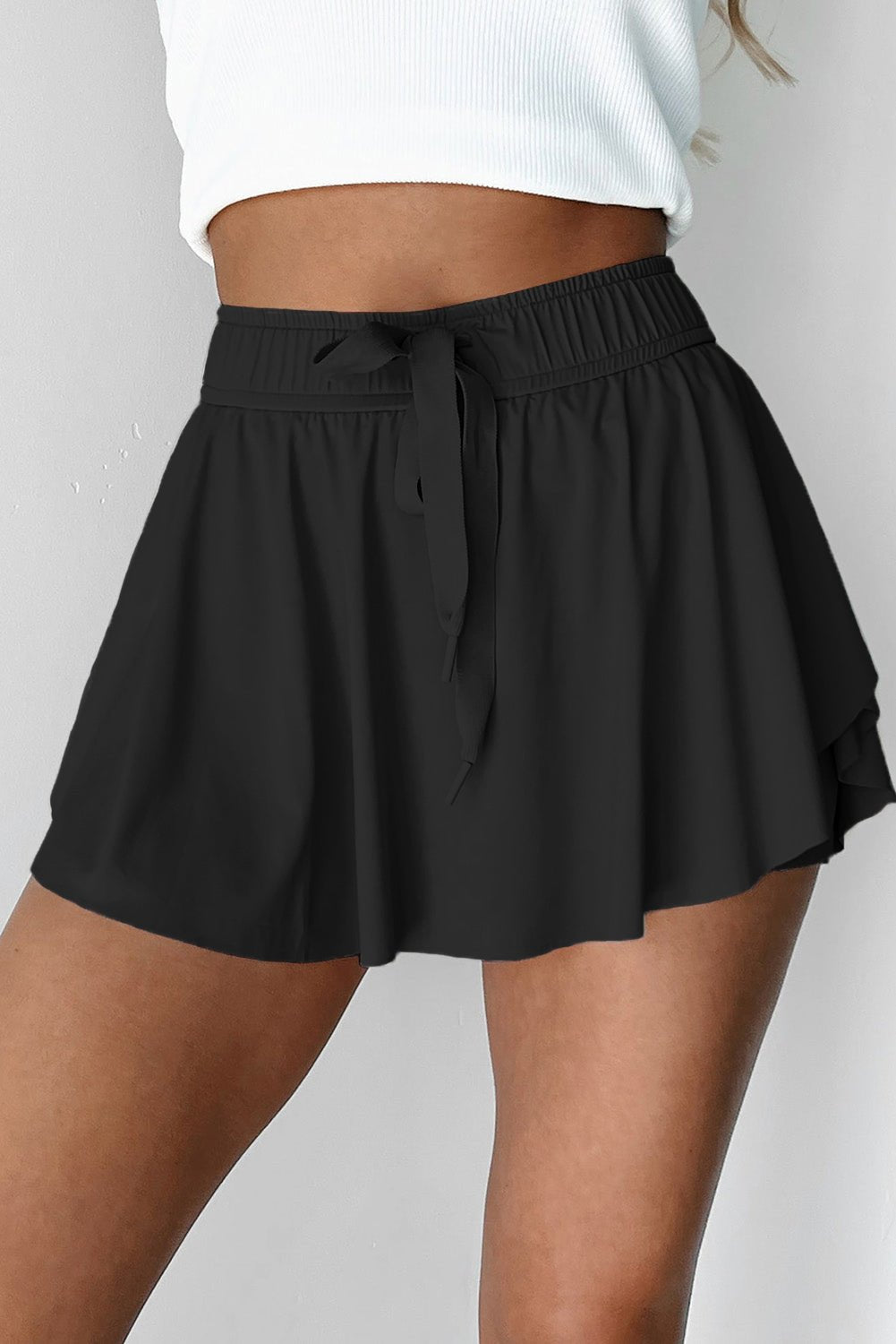 Black Drawstring High Waist Lined Tennis Skort - MAD RUFFI