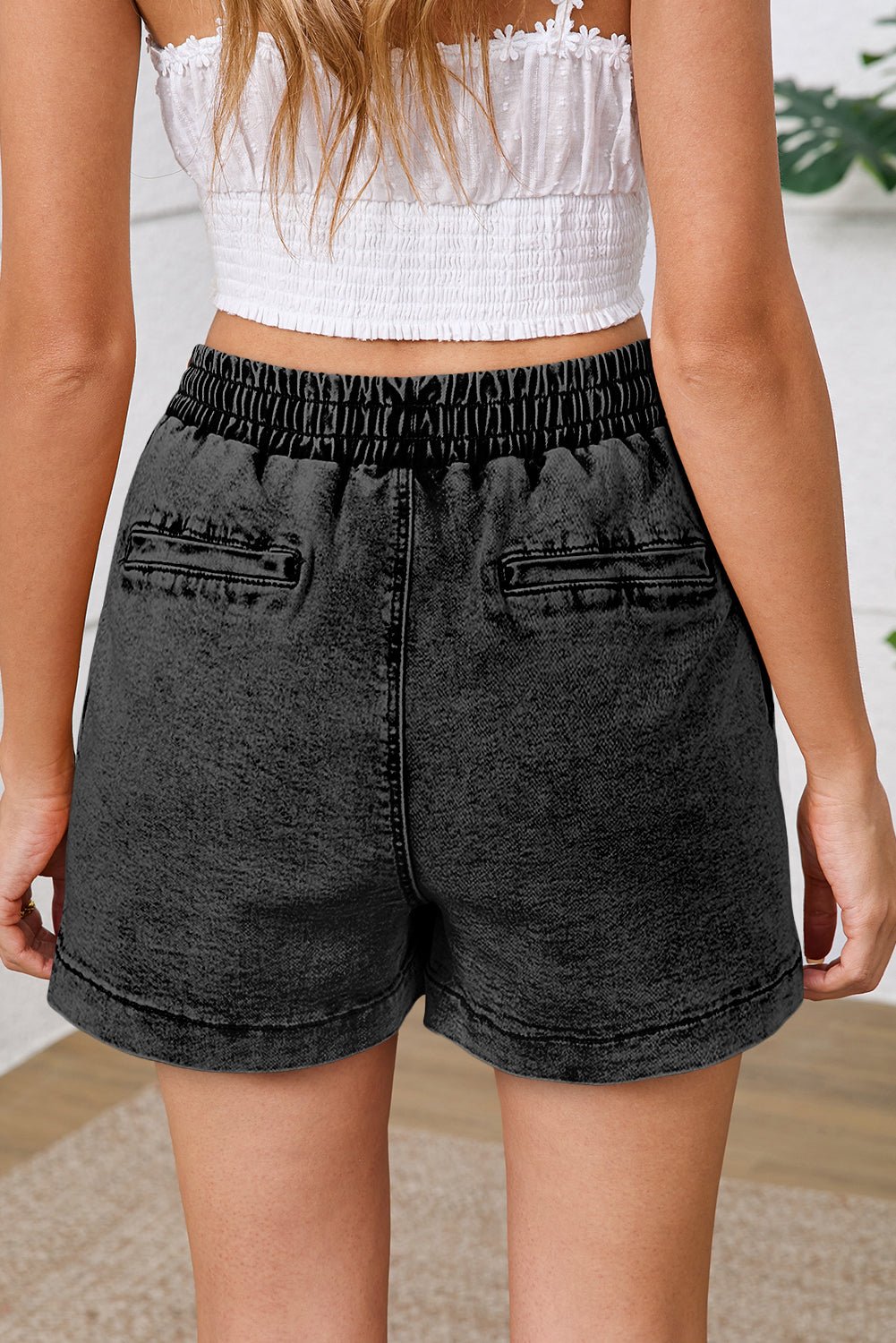 black drawstring high waist pocketed denim shorts - MAD RUFFI