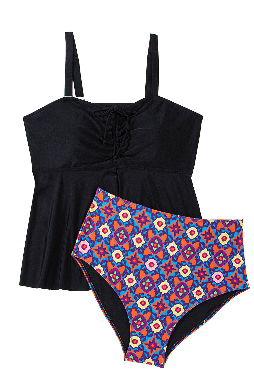 Black Drawstring Tied Front Flared Top Geometric Print Bottom Plus Size Tankinis - Curve + Plus