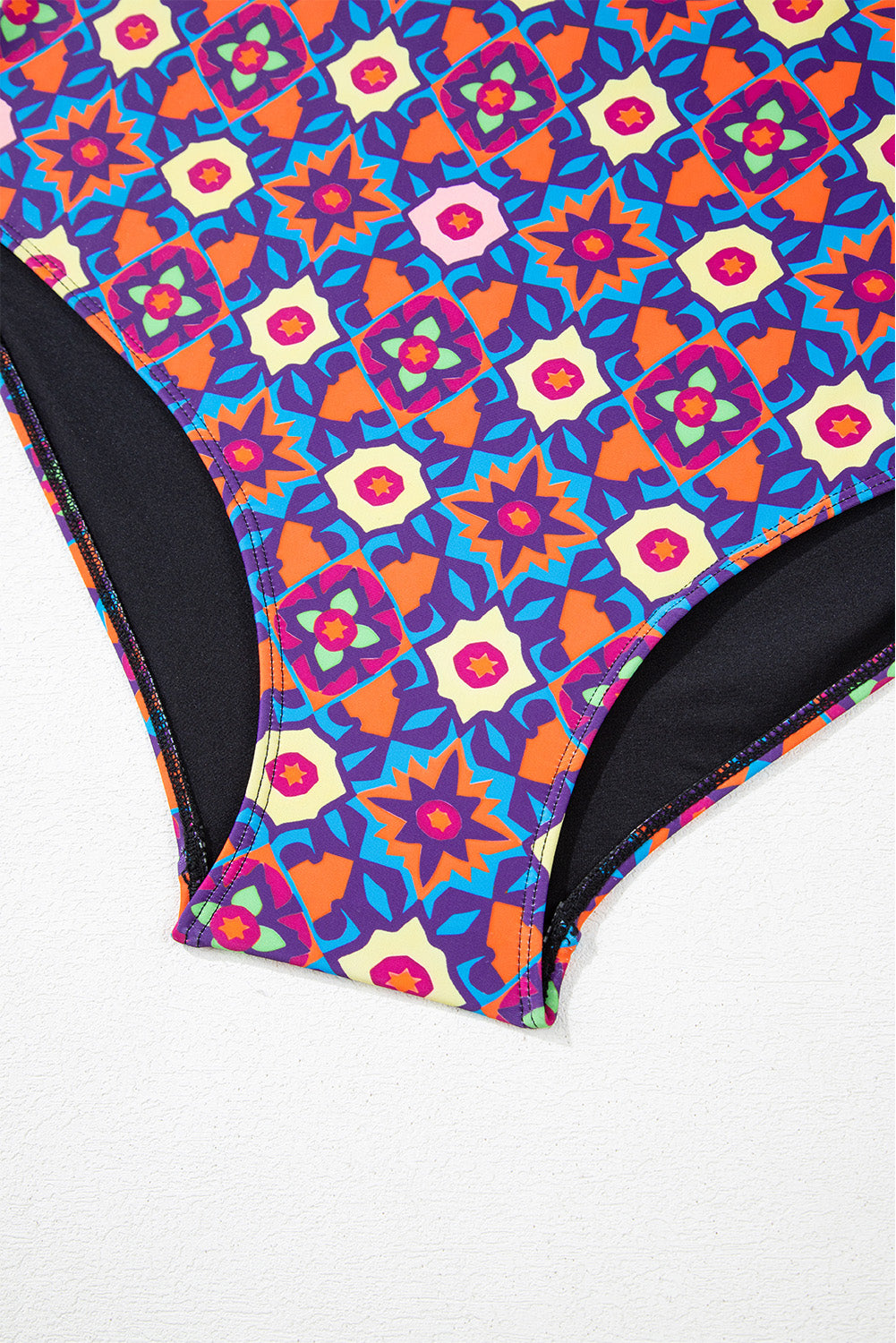 Black Drawstring Tied Front Flared Top Geometric Print Bottom Plus Size Tankinis - Curve + Plus