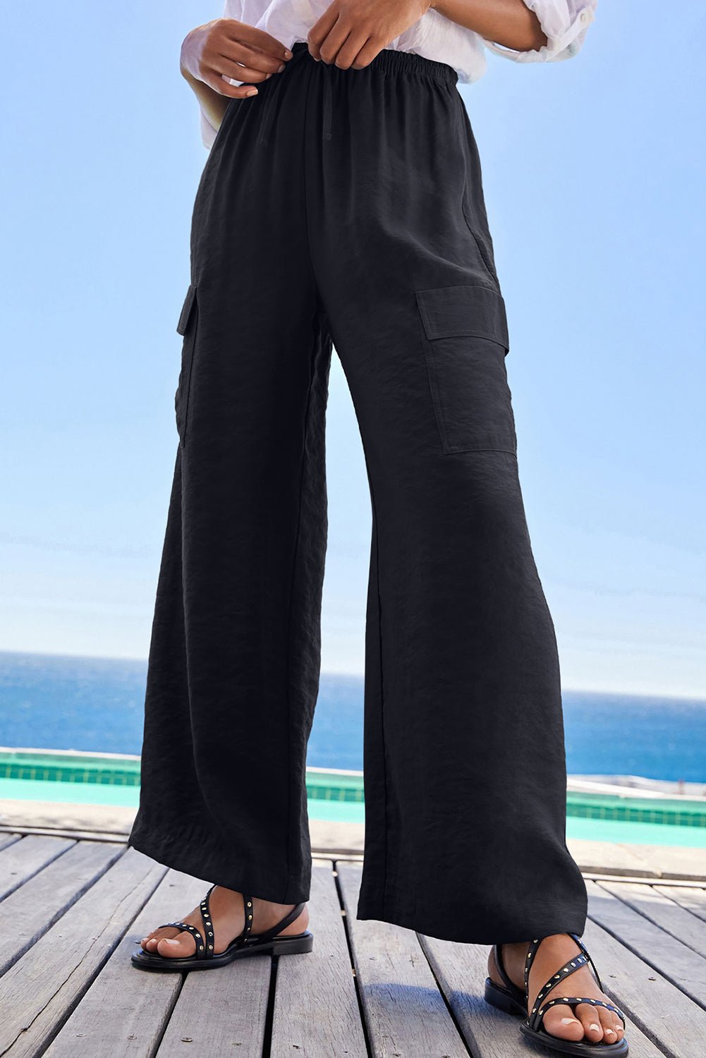 black drawstring waist wide leg utility trousers - MAD RUFFI