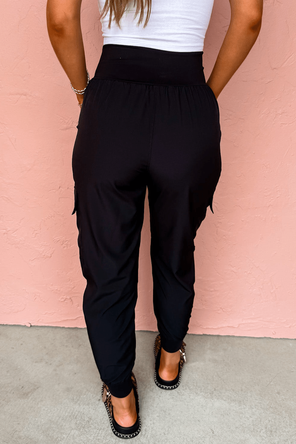 Black Elastic High Waist Pocketed Cargo Jogger Pants - MAD RUFFI