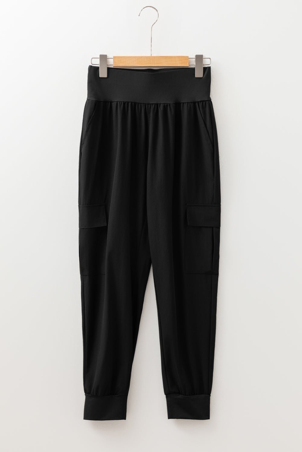 Black Elastic High Waist Pocketed Cargo Jogger Pants - MAD RUFFI