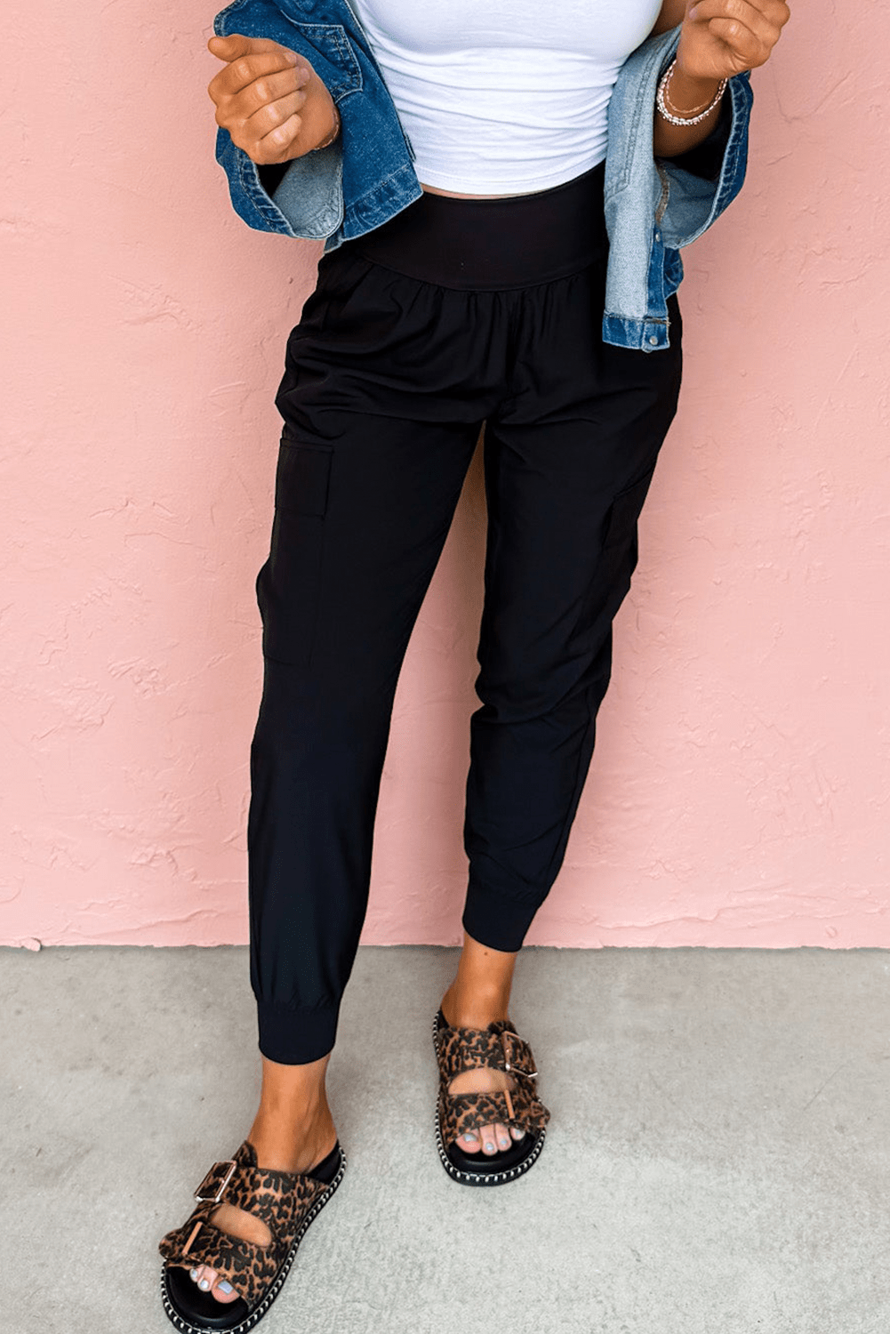 Black Elastic High Waist Pocketed Cargo Jogger Pants - MAD RUFFI