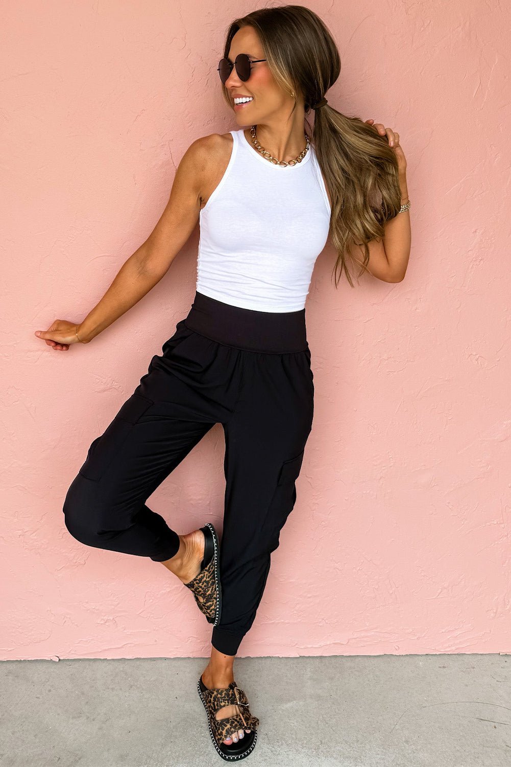 Black Elastic High Waist Pocketed Cargo Jogger Pants - MAD RUFFI