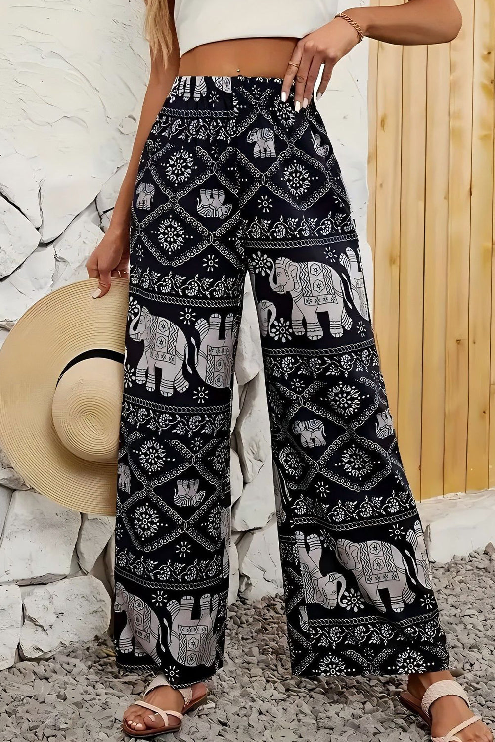 Black Ethnic Print Elastic Waist Wide Leg Pants - MAD RUFFI