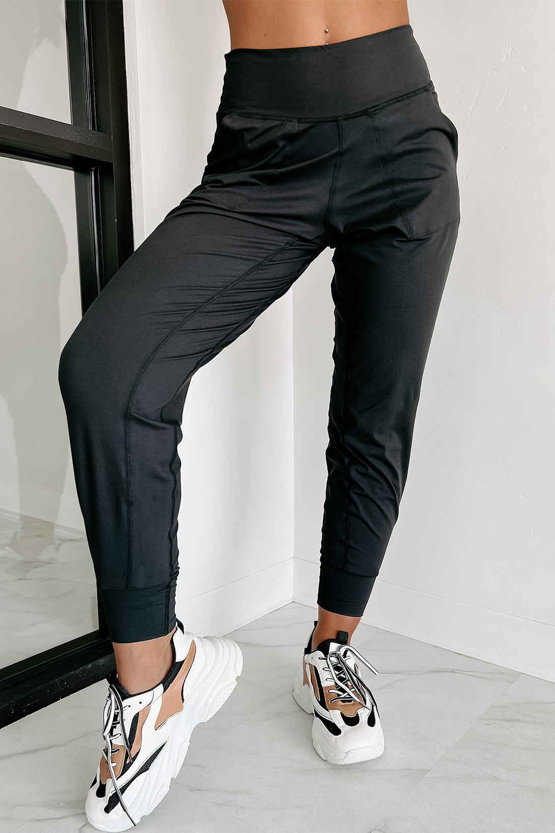 Black Exposed Seam High Waist Pocketed Joggers - MAD RUFFI