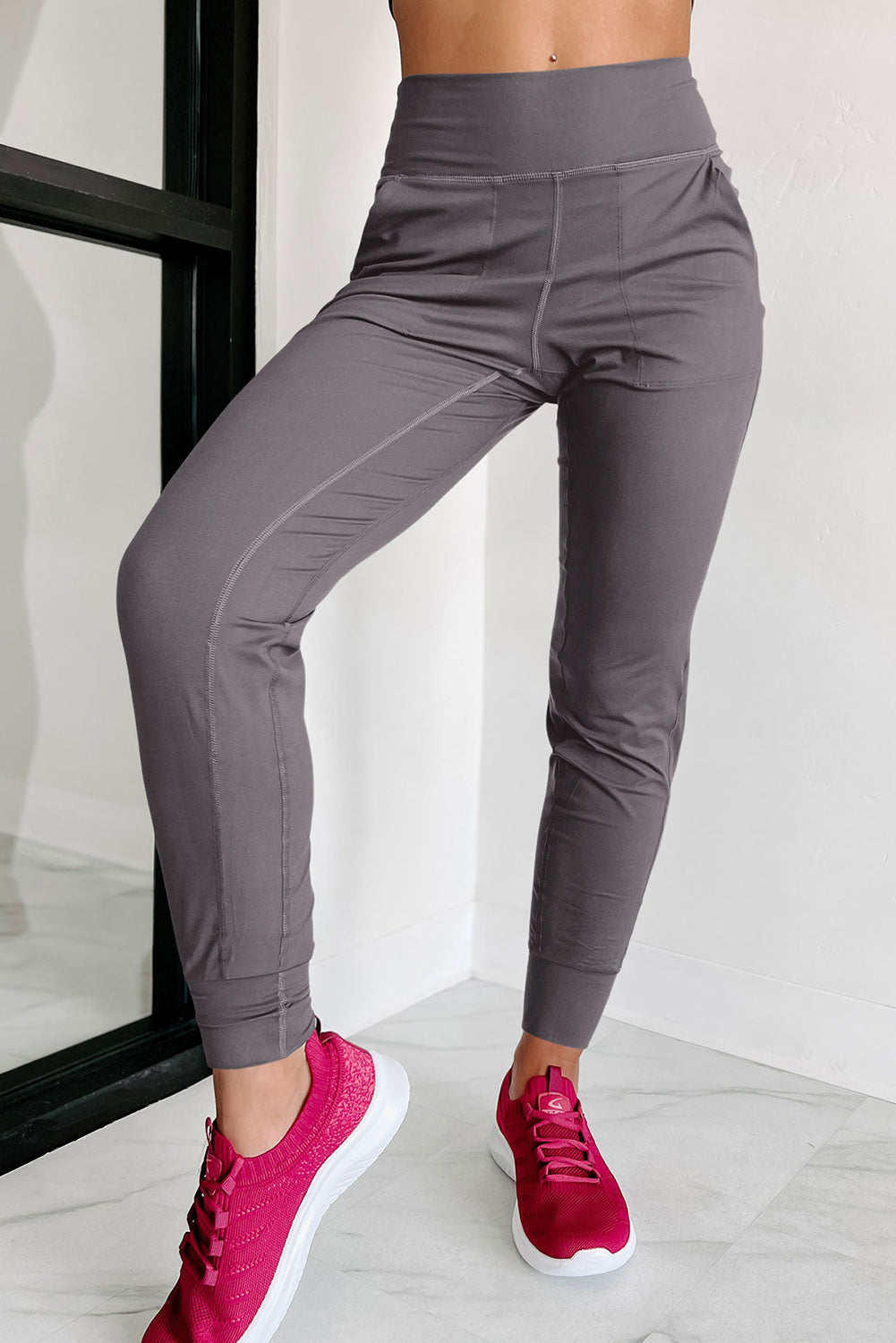 Black Exposed Seam High Waist Pocketed Joggers - MAD RUFFI