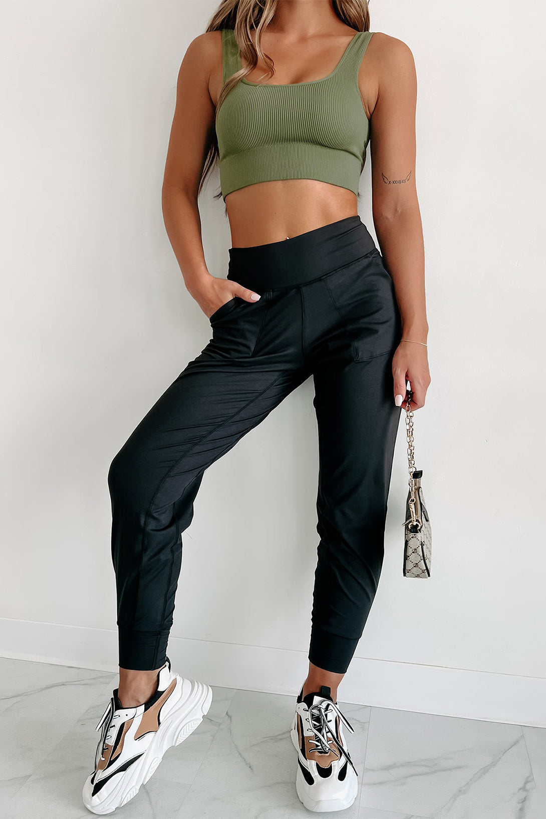 Black Exposed Seam High Waist Pocketed Joggers - MAD RUFFI