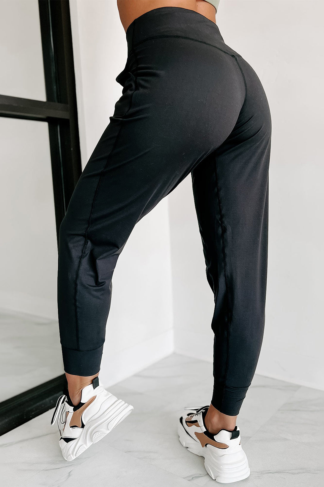 Black Exposed Seam High Waist Pocketed Joggers - MAD RUFFI