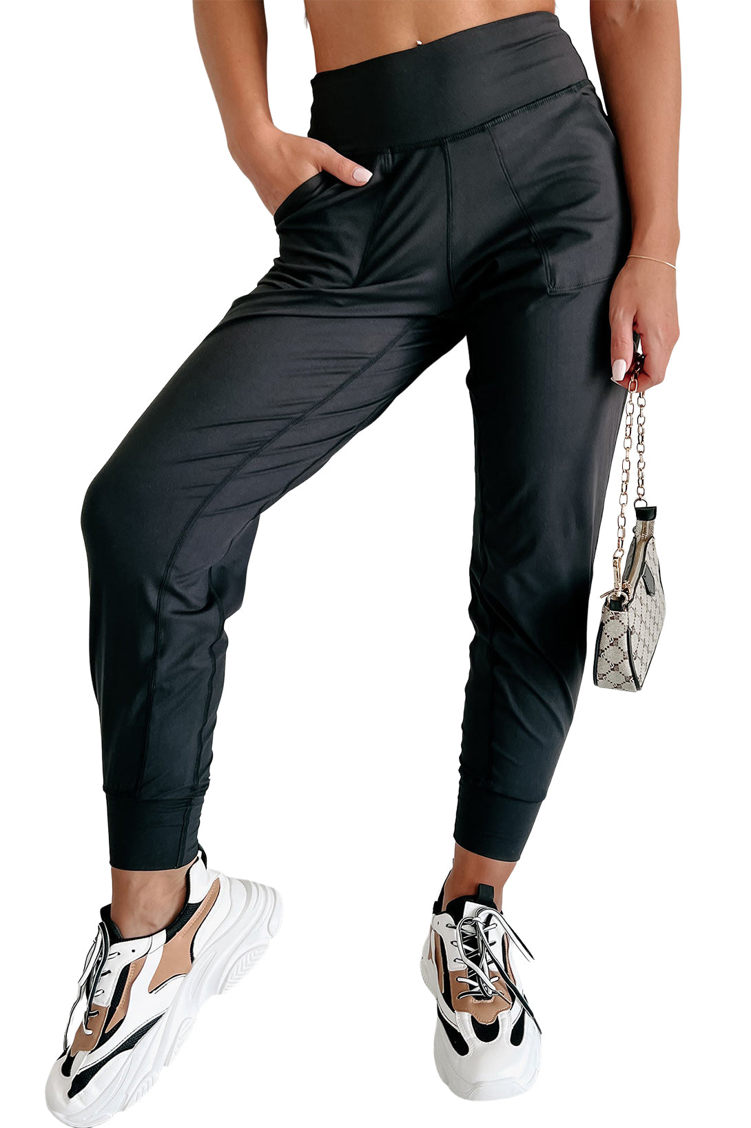 Black Exposed Seam High Waist Pocketed Joggers - MAD RUFFI