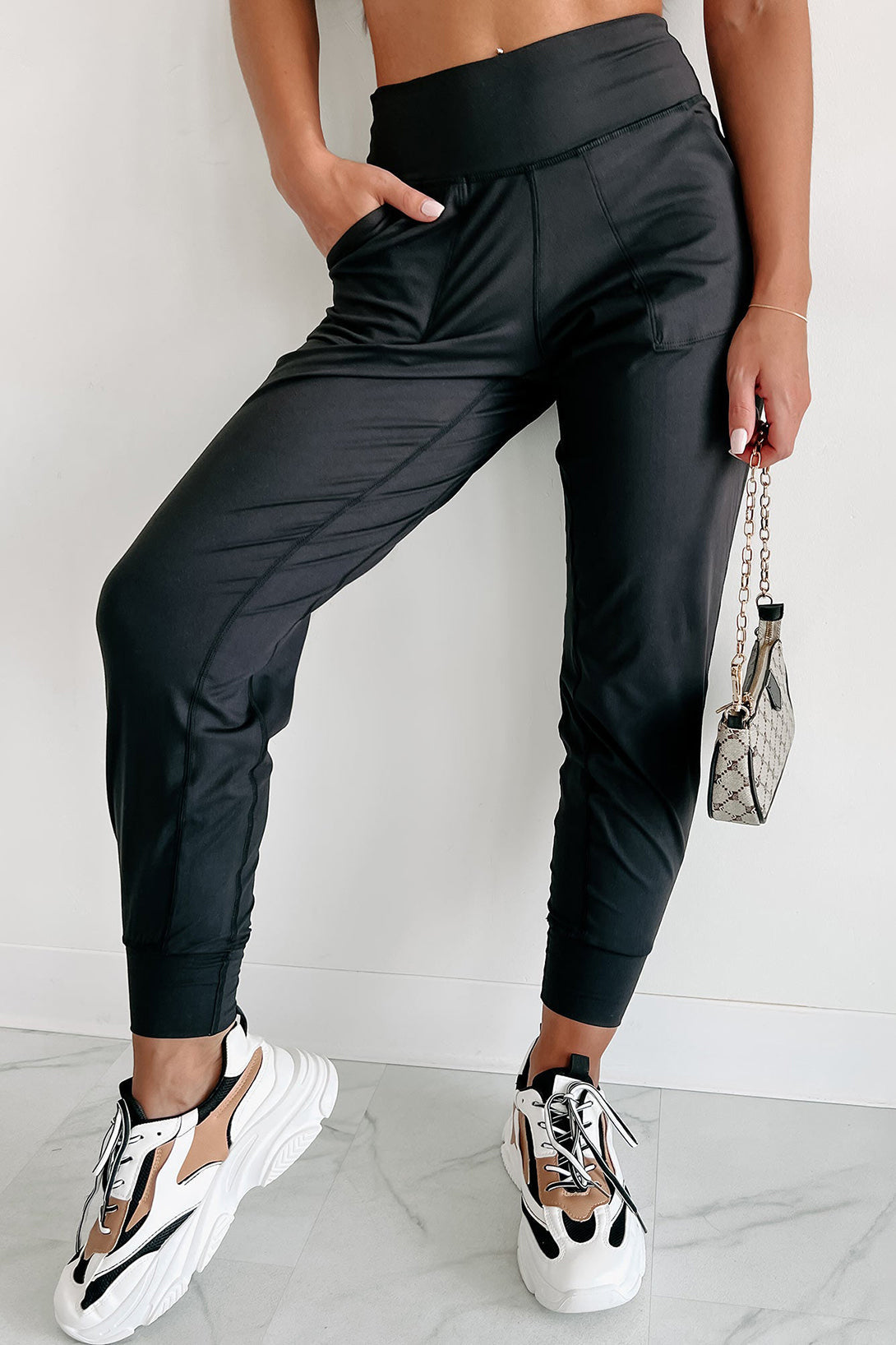 Black Exposed Seam High Waist Pocketed Joggers - MAD RUFFI