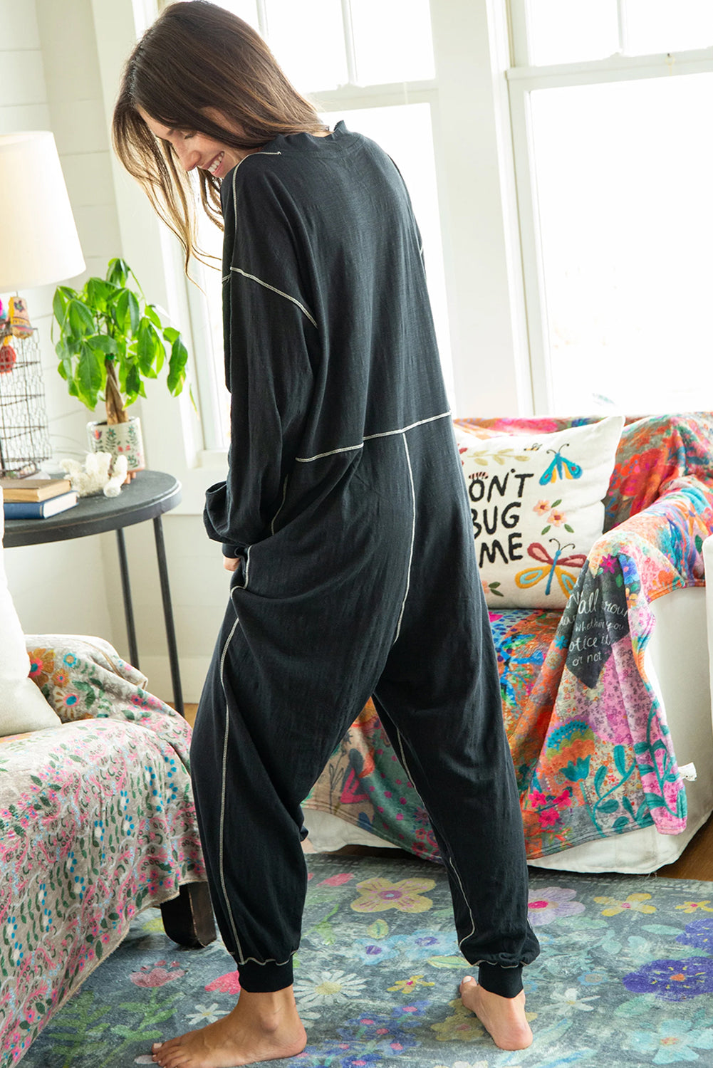 Black Exposed Seam Oversized Drop Waist Jumpsuit - MAD RUFFI