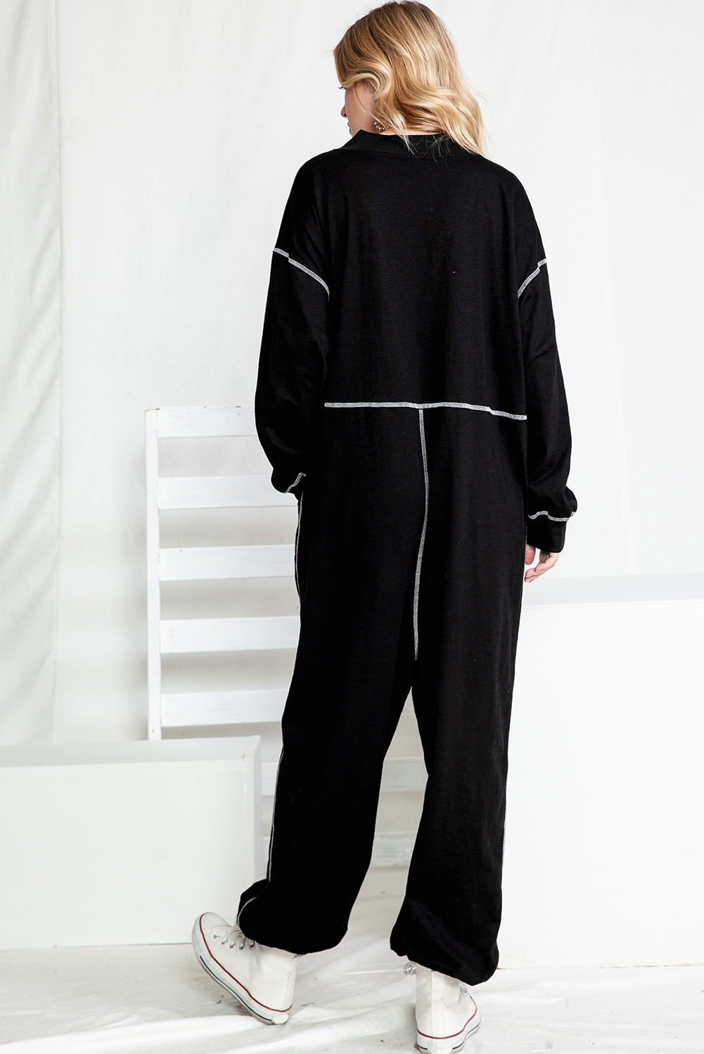 Black Exposed Seam Oversized Drop Waist Jumpsuit - MAD RUFFI