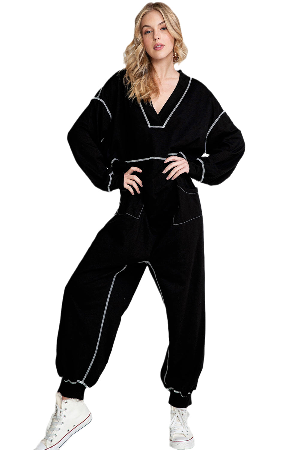 Black Exposed Seam Oversized Drop Waist Jumpsuit - MAD RUFFI