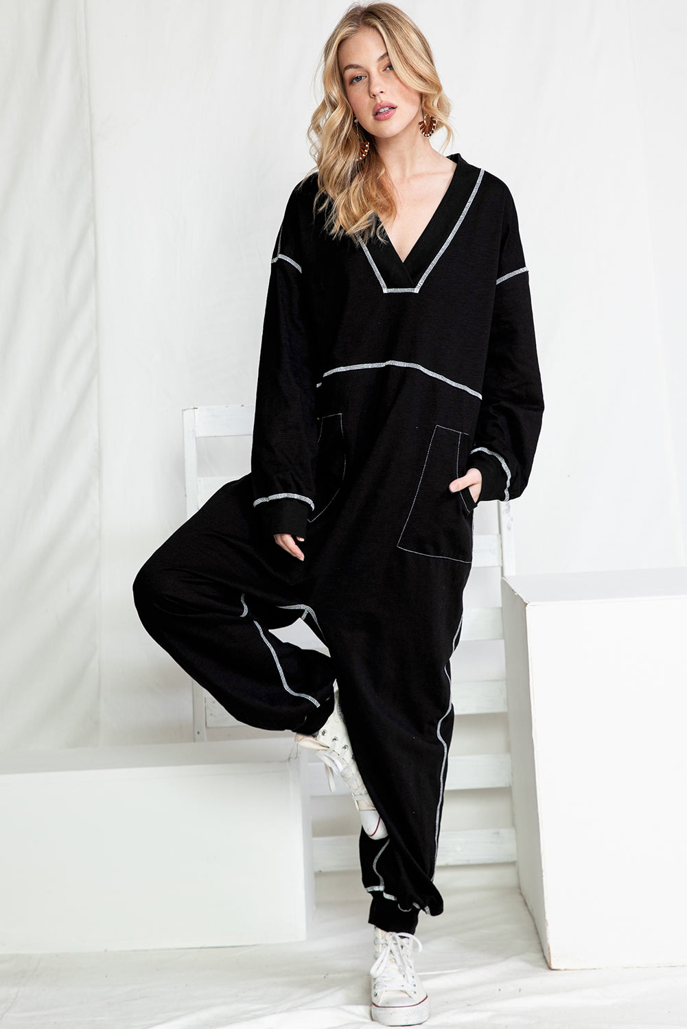 Black Exposed Seam Oversized Drop Waist Jumpsuit - MAD RUFFI