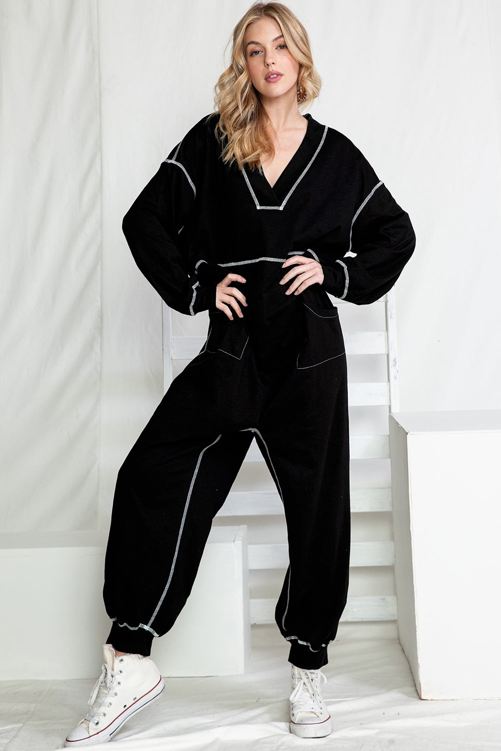 Black Exposed Seam Oversized Drop Waist Jumpsuit - MAD RUFFI