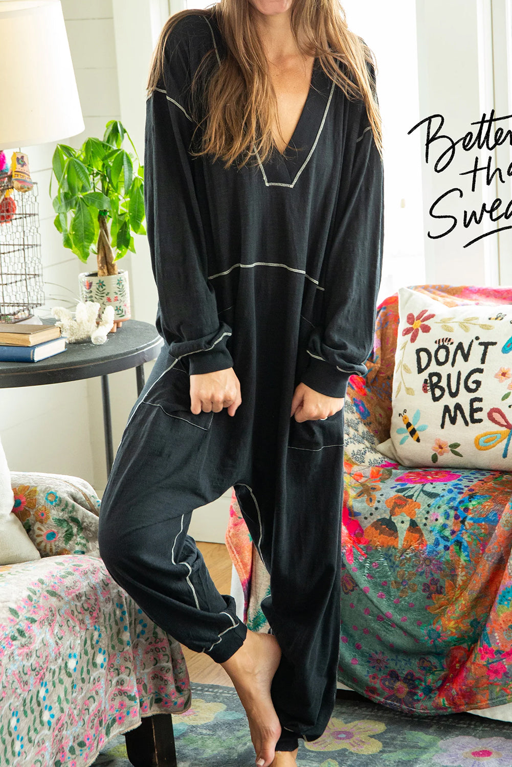 Black Exposed Seam Oversized Drop Waist Jumpsuit - MAD RUFFI