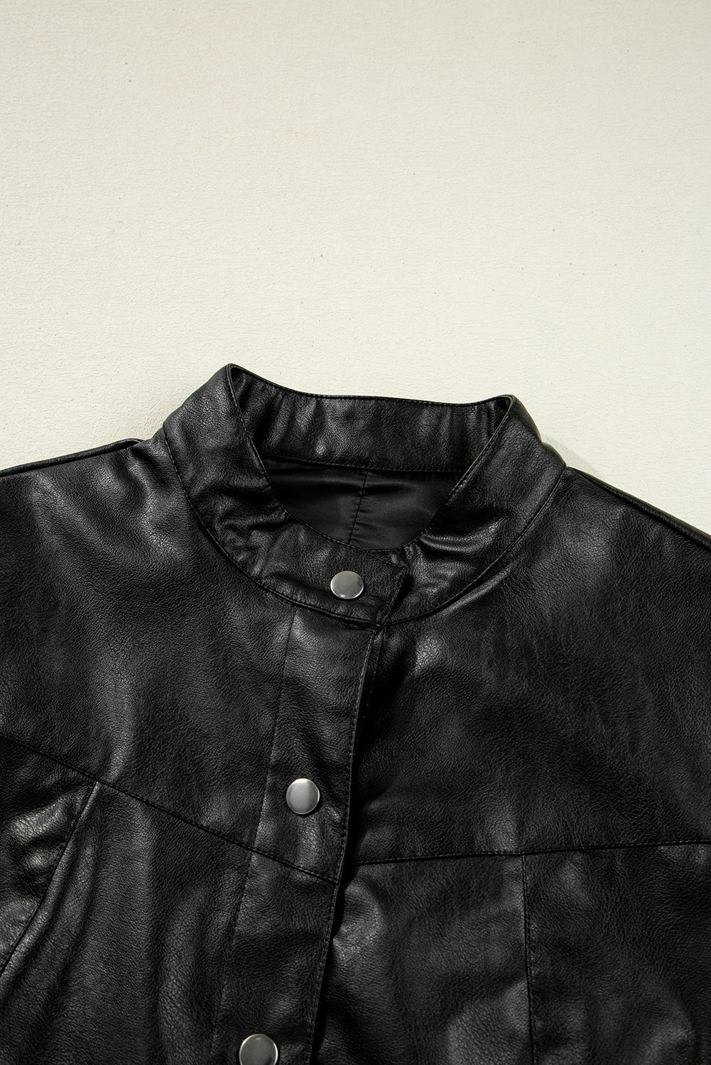 Black Faux Leather Buttoned Front Boxy Jacket - MAD RUFFI
