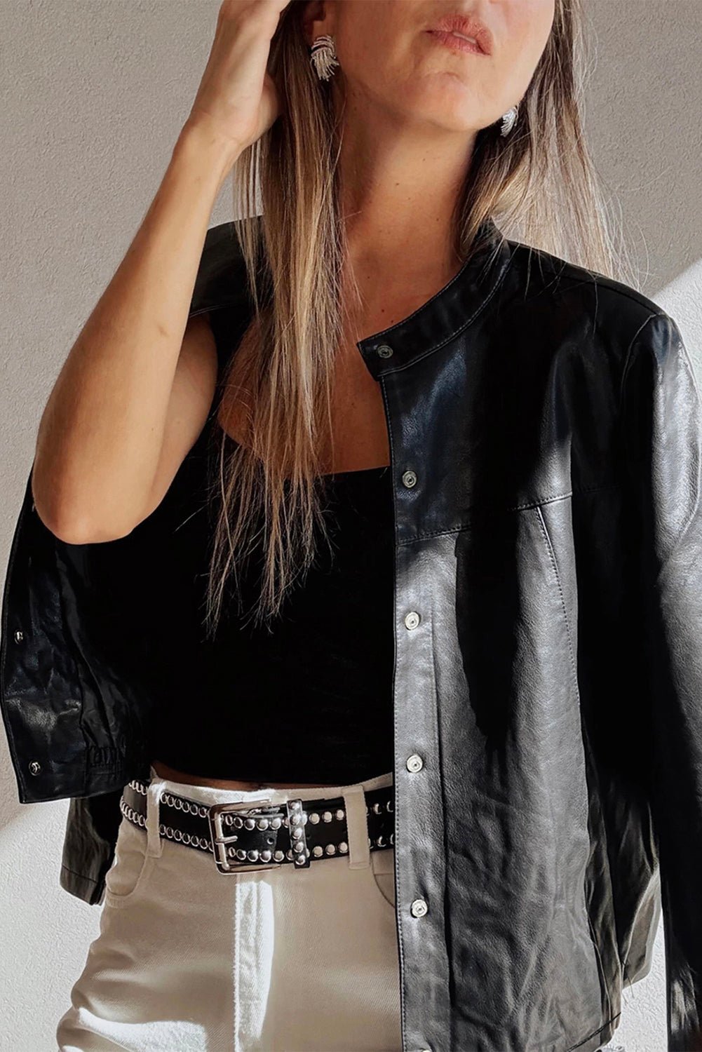 Black Faux Leather Buttoned Front Boxy Jacket - MAD RUFFI