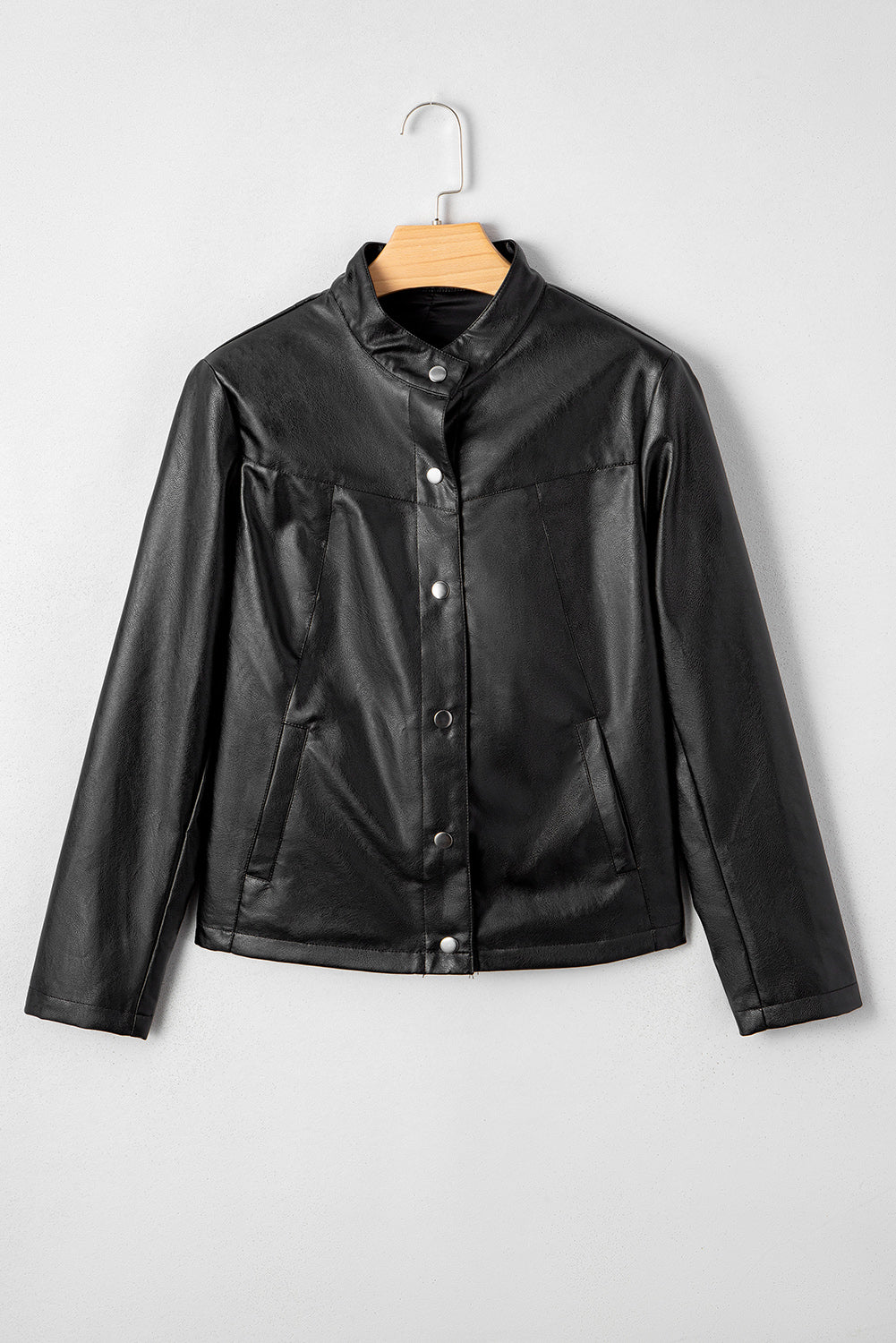 Black Faux Leather Buttoned Front Boxy Jacket - MAD RUFFI