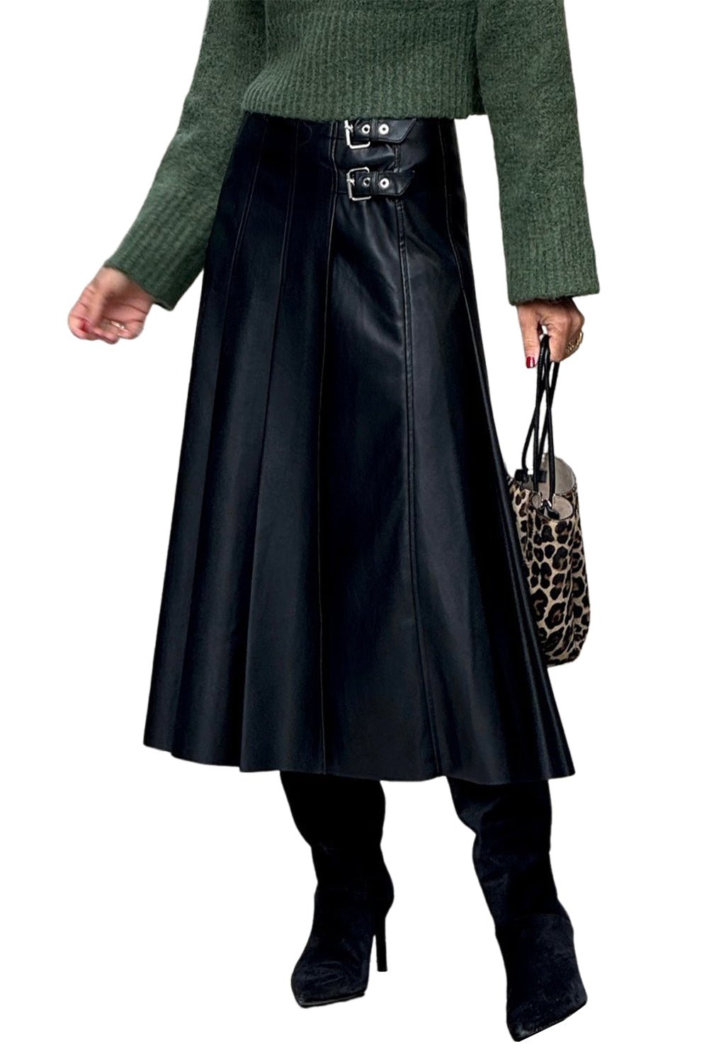 Black Faux Leather Retro Buckle Detail Pleated Stitch Flared Midi Skirt - MAD RUFFI