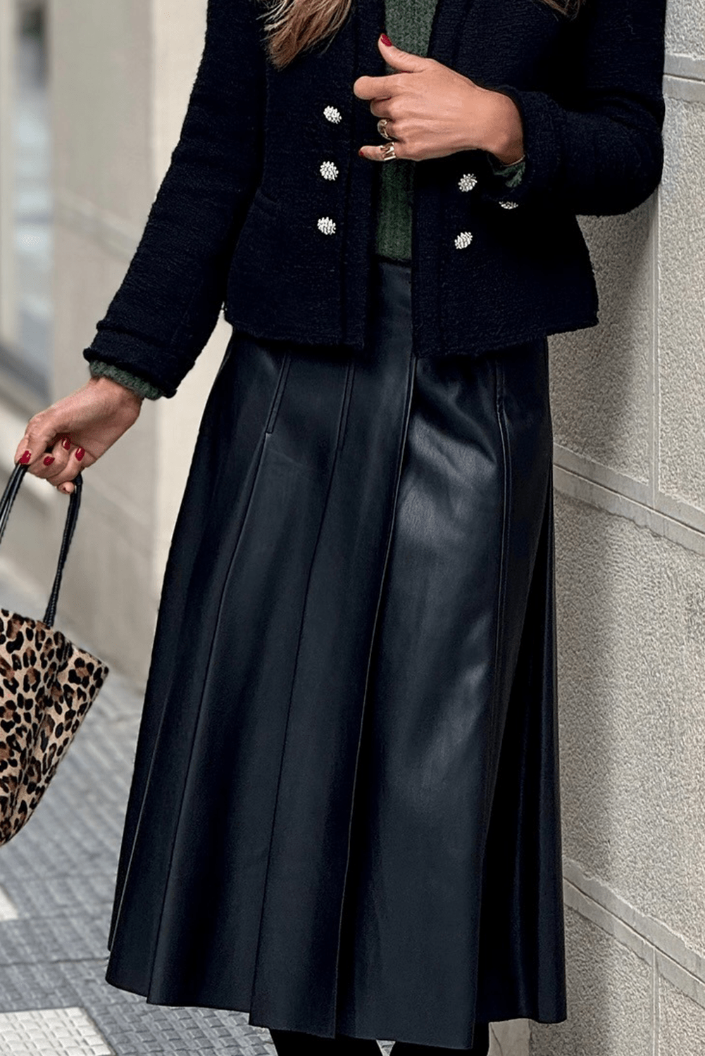 Black Faux Leather Retro Buckle Detail Pleated Stitch Flared Midi Skirt - MAD RUFFI