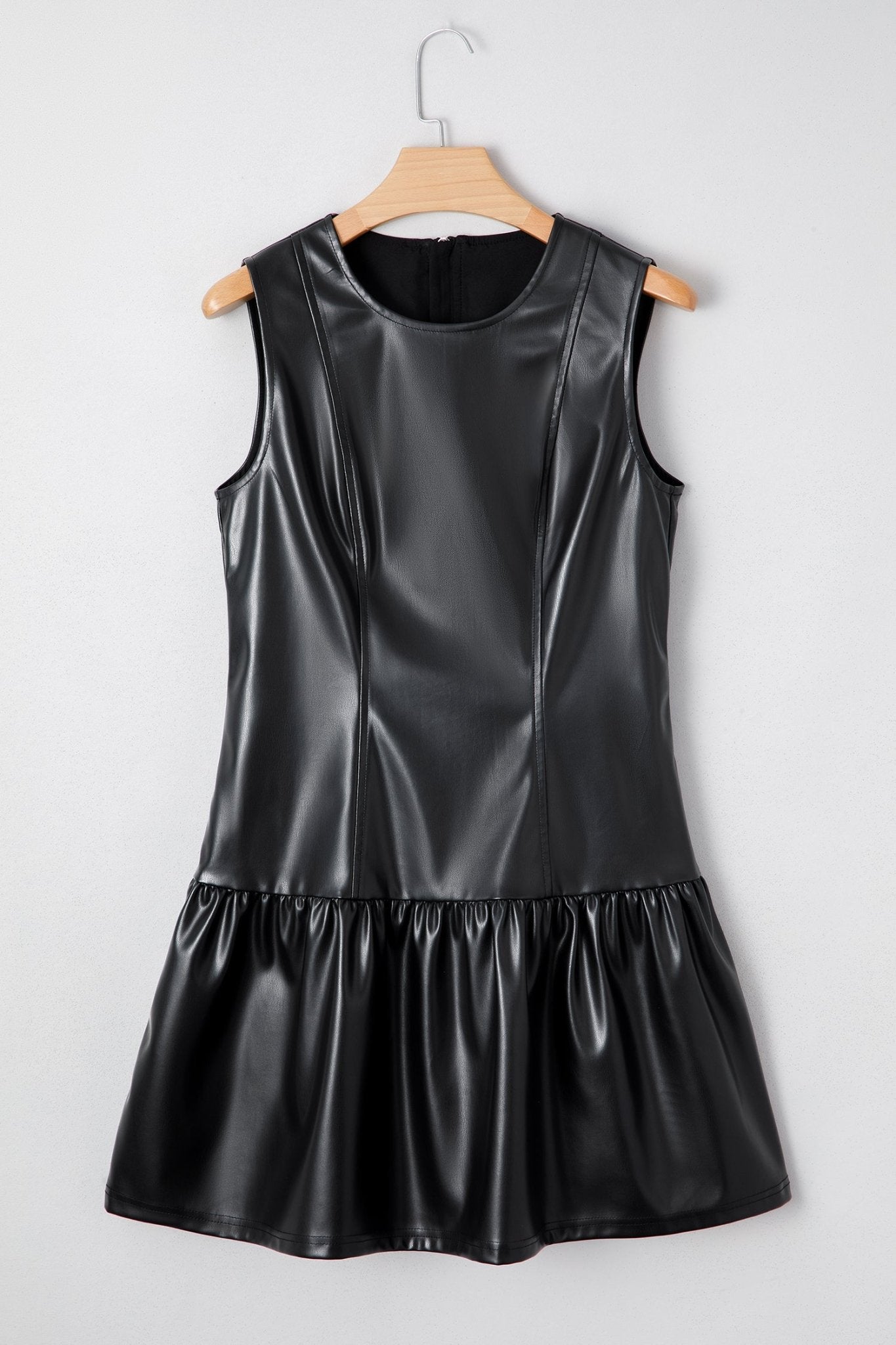 Black Faux Leather Ruffle Hem Sleeveless Mini Dress - MAD RUFFI