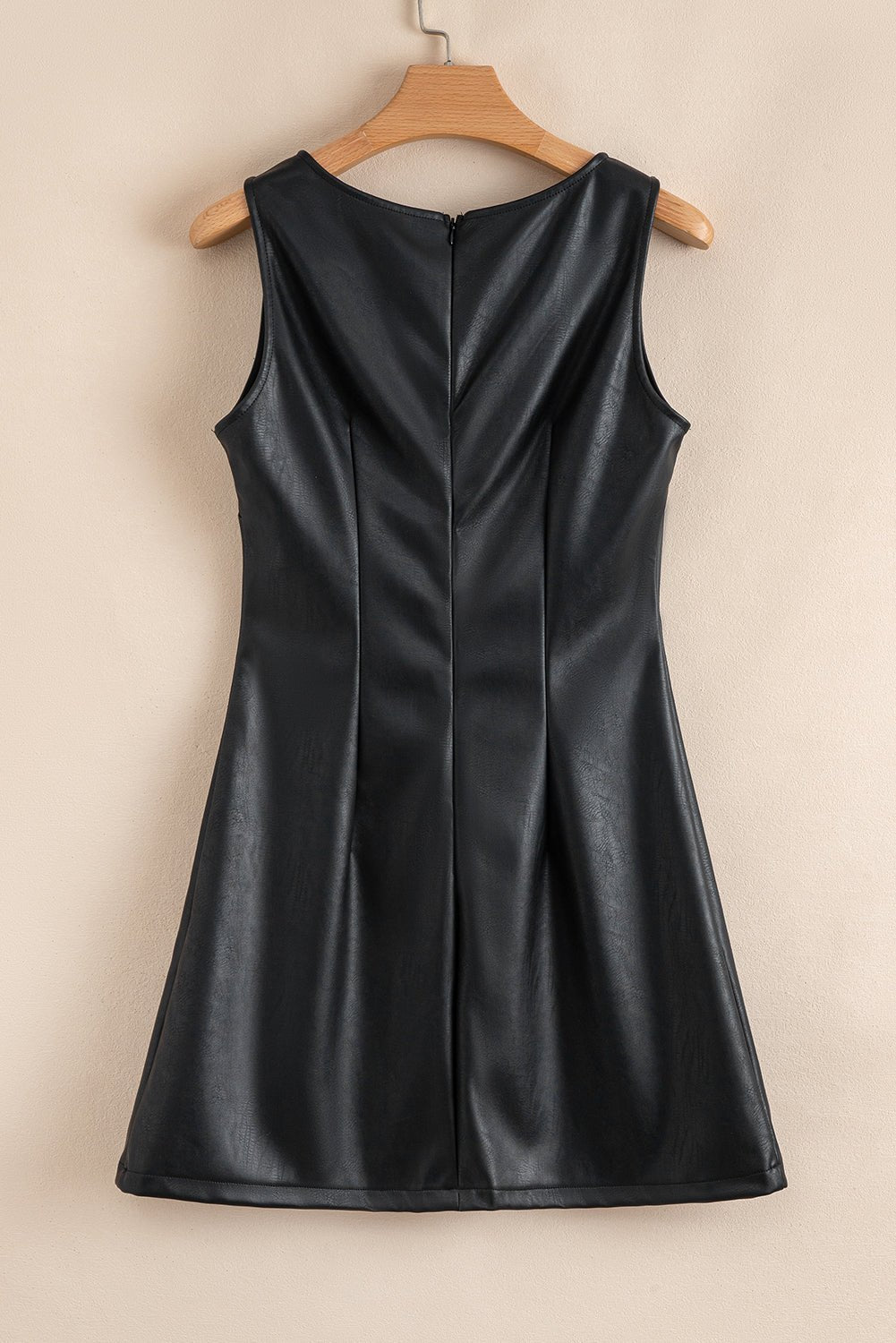 Black Faux Leather Sleeveless Round Neck Mini Dress - MAD RUFFI
