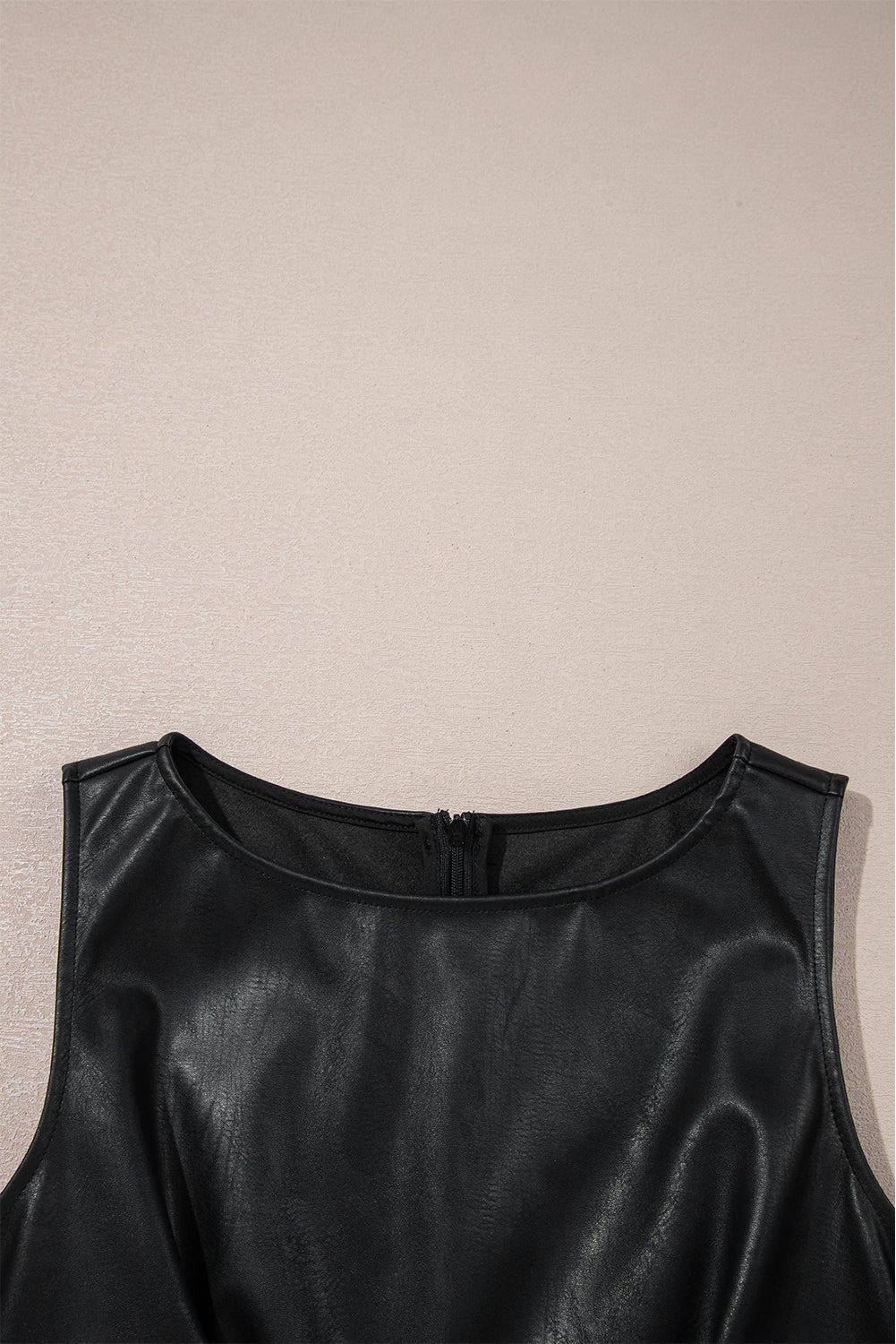 Black Faux Leather Sleeveless Round Neck Mini Dress - MAD RUFFI