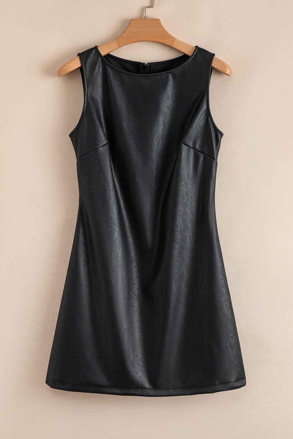 Black Faux Leather Sleeveless Round Neck Mini Dress - MAD RUFFI