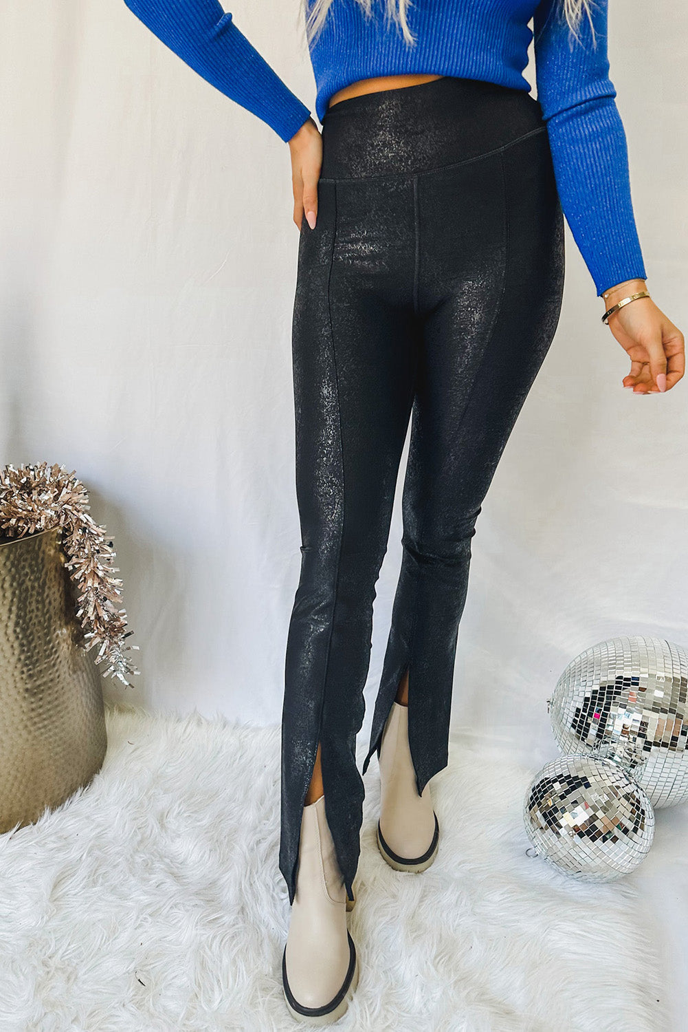 Black Faux Leather Splits High Waist Leggings - MAD RUFFI