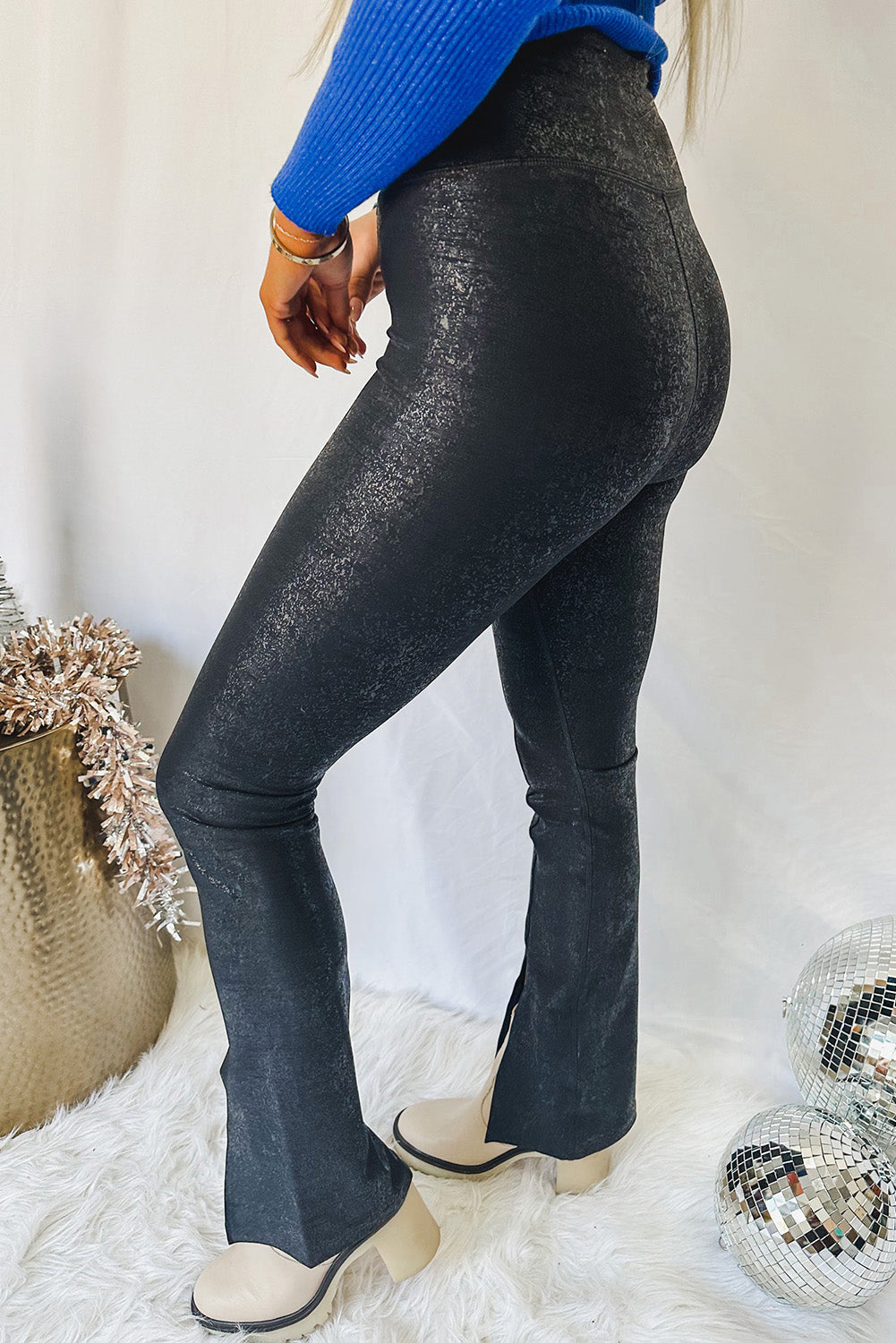 Black Faux Leather Splits High Waist Leggings - MAD RUFFI